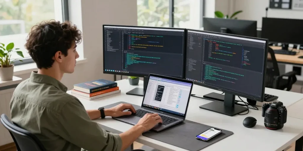 Developer in a vibrant workspace coding 纸飞机中文版 application on multiple monitors.