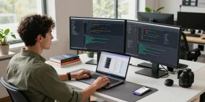 Developer in a vibrant workspace coding 纸飞机中文版 application on multiple monitors.