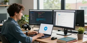 Using telegram中文版 on a developer's laptop in a modern tech workspace