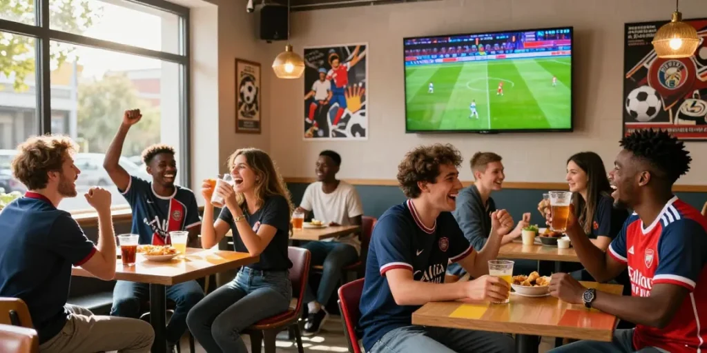 Kooralive fans enjoying a vibrant match day at a lively café, cheering passionately.