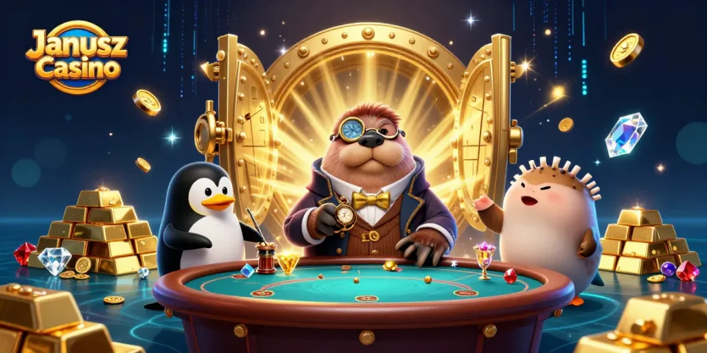 Gra w Janusz Casino z urokliwymi postaciami i skarbami w tle, emocjonujące sceny hazardowe.