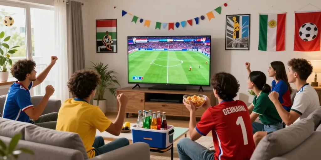 A lively gathering of friends watching the 2026 World Cup match on TV, creating a festive atmosphere to enjoy and 閱讀更多 about the excitement of soccer.