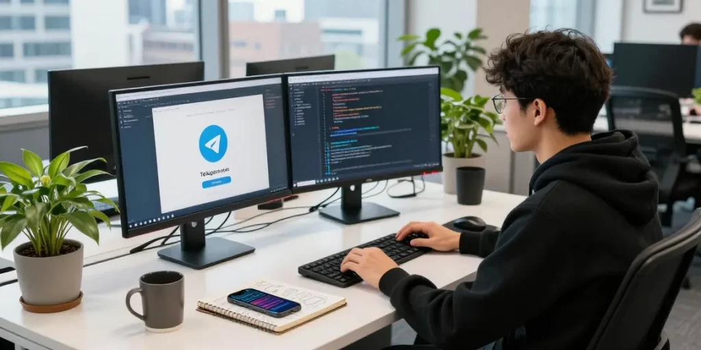 Developer working on the 纸飞机中文版 application in a modern tech office workspace, showcasing dual monitors, notes, and coffee.