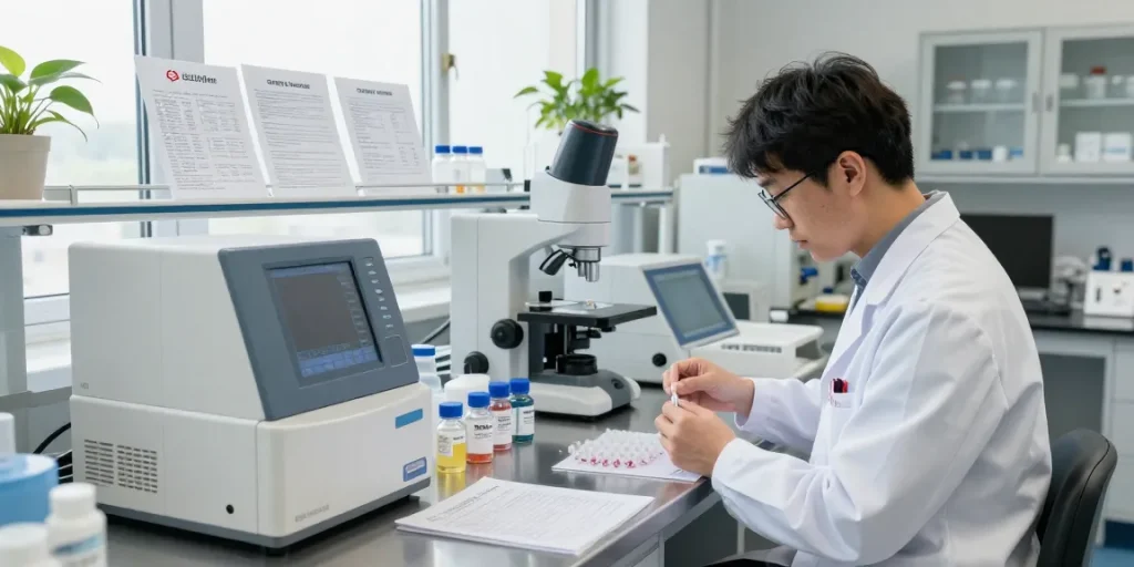 Scientist working with Swiss Chems peptides in a modern laboratory, emphasizing precision and research quality.