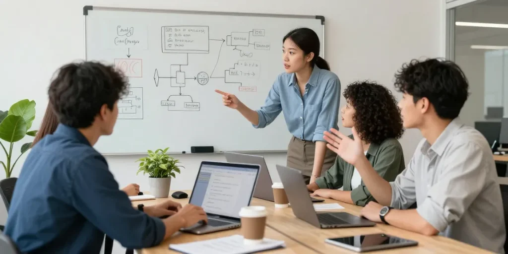 The collaborative workspace showcasing Telegram's interface as professionals discuss the features of 纸飞机中文版.