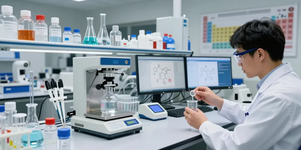 Analyzing high purity chemicals in a modern laboratory setup with safety equipment and precise measuring tools.