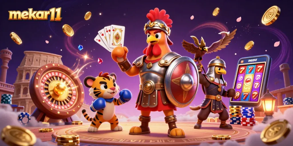 Experience the thrill with mekar11 at a vibrant casino scene featuring energetic characters.