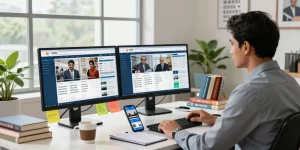 Dynamic news studio scene showing a journalist at work, highlighting https://www.theindaily.com with live updates and analytics.