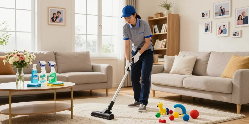 atscleaning.co.uk home cleaner organizing living room with eco-friendly supplies and natural light